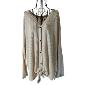 Waffle knit, button front, tie waist, hi-lo top in cream color  size 2X